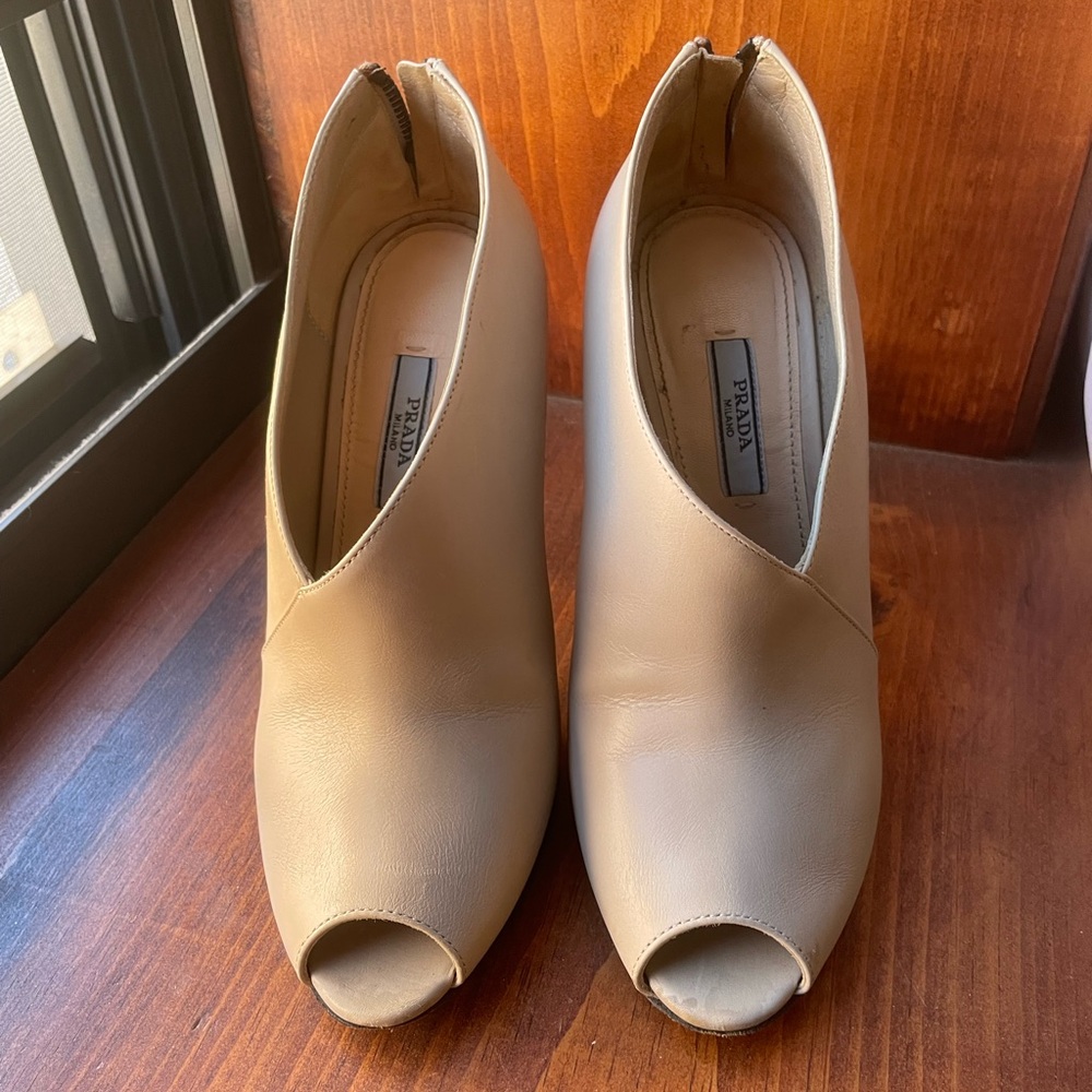 Prada Women's Tan Peep-Toe Booties size 37.5